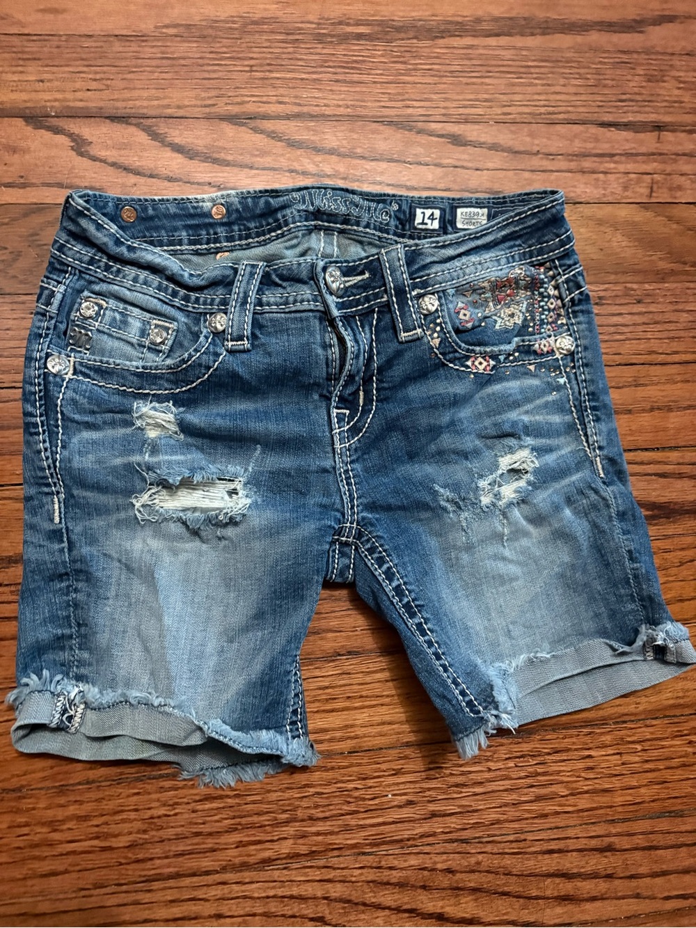 Miss Me Distressed Embroidered Denim Shorts - Blue